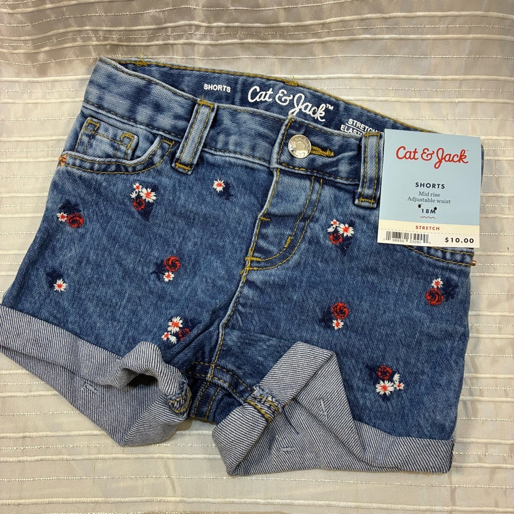 Cat & Jack Denim Shorts with Red and White Embroidery